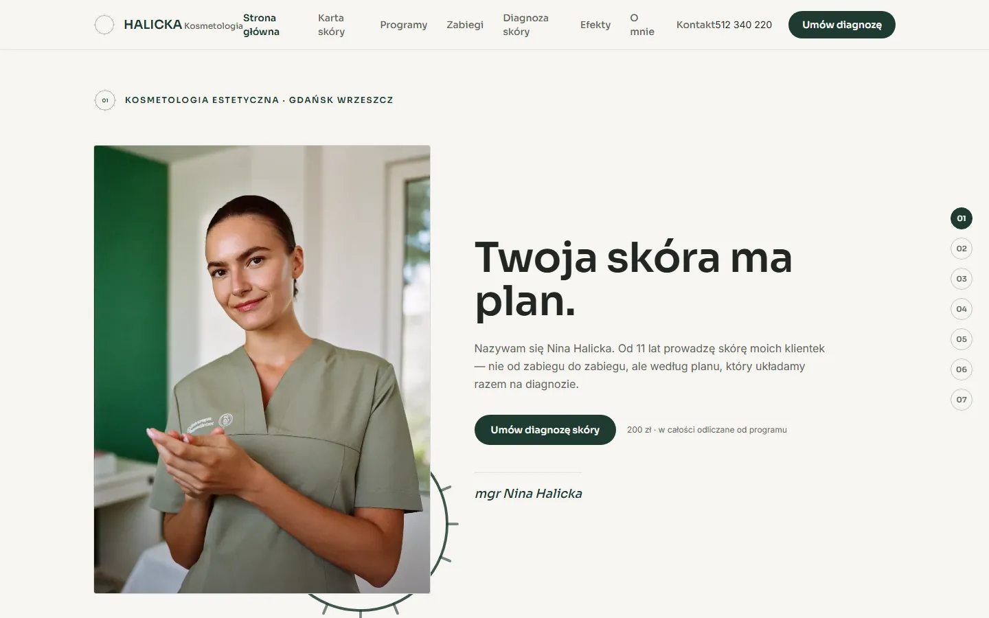 Strona główna projektu pokazowego HALICKA Kosmetologia Estetyczna na desktopie