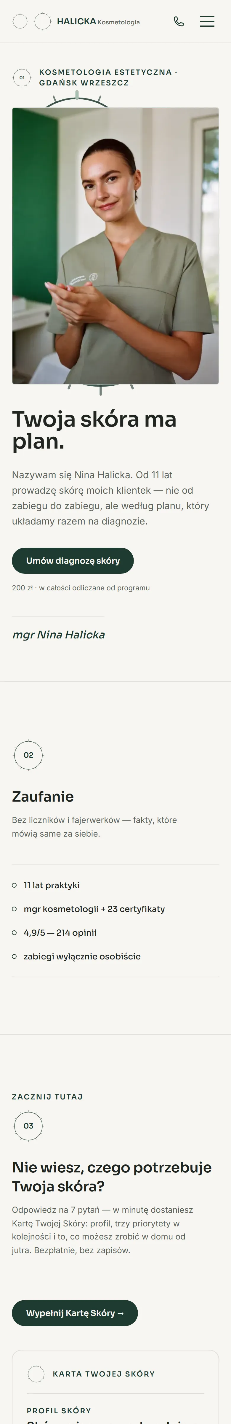 Strona główna projektu pokazowego HALICKA Kosmetologia Estetyczna na telefonie